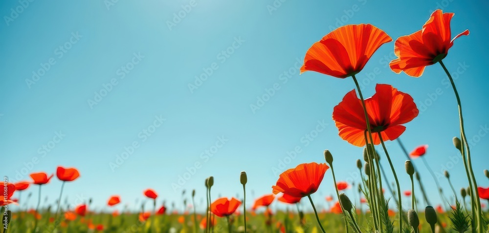Fototapeta premium Vibrant red poppies blooming in a sun-drenched field under a clear blue sky, agriculture, calm, poppies