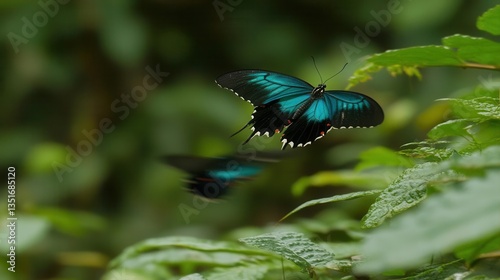 Vibrant Blue Butterfly in Flight Among Lush Green Leaves in a Tropical Forest Environment