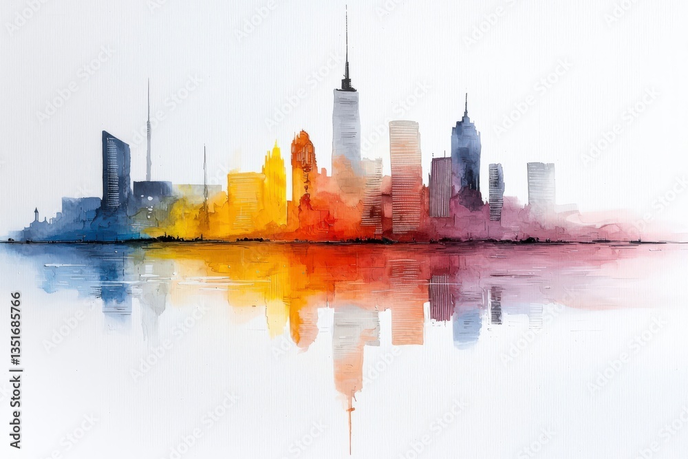 Fototapeta premium Cityscape of Colors: A stunning watercolor painting showcases an urban skyline in a mesmerizing array of vibrant hues, mirrored in the calm water below.
