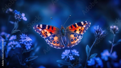 Vibrant Butterfly Perched on Delicate Blue Flowers Against a Dark Background in Nature