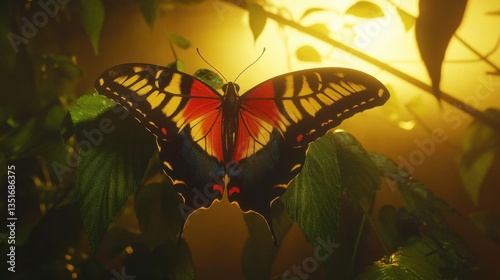 Vibrant Butterfly Resting on Green Leaves Under Soft Sunlight in a Lush Tropical Environment