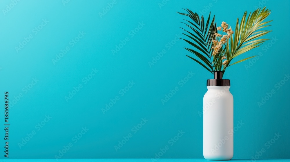 Eco-Friendly Refreshment: a minimalist composition, a stylish, reusable water bottle is artfully adorned with a flourish of fresh green foliage, the backdrop is blue. Eco-Friendly Refreshment: a minimalist composition, a stylish, reusable water bottle is artfully adorned with a flourish of fresh green foliage, the backdrop is blue.