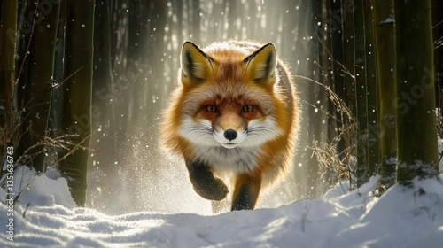 Vivid Red Fox Running Through Sparkling Snow in a Winter Forest with Soft Sunlight