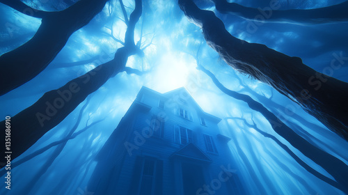 A ghostly mansion stands in a dimly lit forest, surrounded by gnarled trees that stretch toward a misty sky. The atmosphere is thick with mystery and an ominous feeling pervades the scene photo