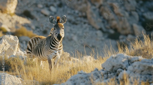 Zebra in Natural Habitat Grazing Among Rocks and Grasslands in an African Landscape