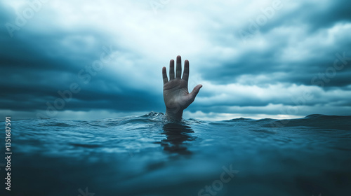 A lone hand reaching out from the ocean drowning or asking for help