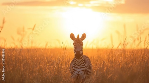 Zebra Standing in Tall Grass at Sunset in the African Savannah with Golden Light