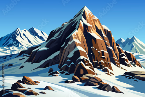 winter landscape with high snowy mountains with rocks and snow cartoon background