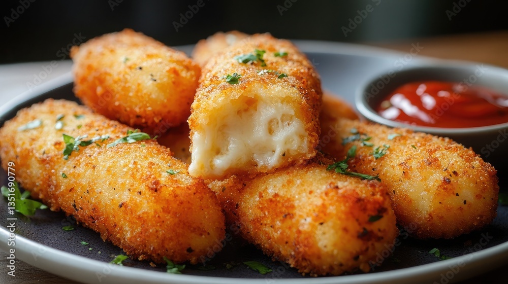 Melted Cheese and Tangy Ketchup on Crispy Golden Mozzarella Sticks Melted Cheese and Tangy Ketchup on Crispy Golden Mozzarella Sticks