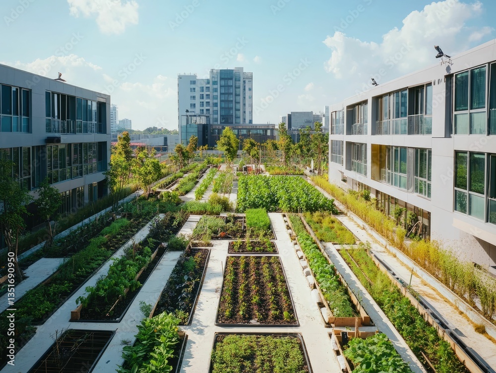 Fototapeta premium Urban rooftop garden, plants, buildings, sunny day.