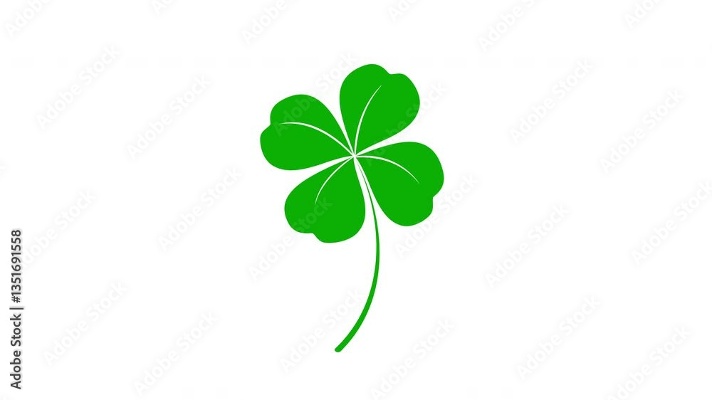 Animation of green four leaf clover isolated on white background. Happy Saint Patrick's day template for composite and presentation.