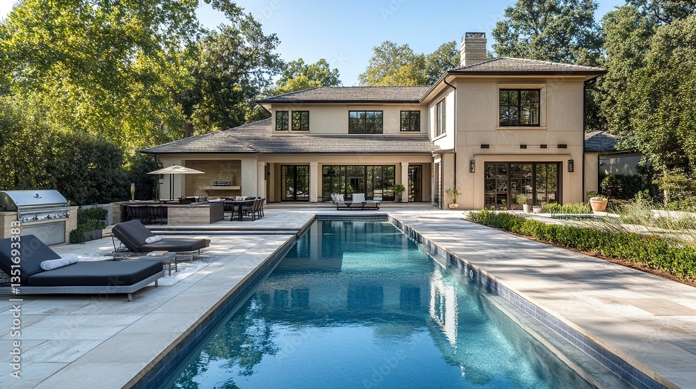 Fototapeta premium Elegant outdoor retreat with a stylish house, a serene pool view, and minimalist landscaping, perfectly balanced under a soft blue sky, wide-angle perspective.