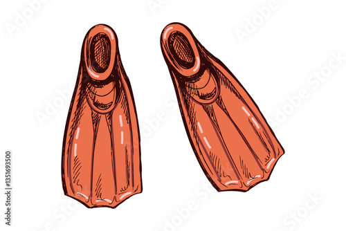 Hand-drawn diving fins in vintage style with orange color tones