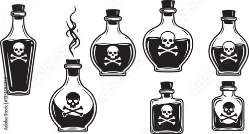 Poison Bottles, Ideal for Spooky and Halloween Themes - Flat Vector Illustration