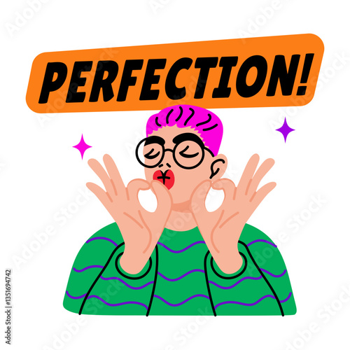 Flat style sticker of a character making perfection sign with hands 