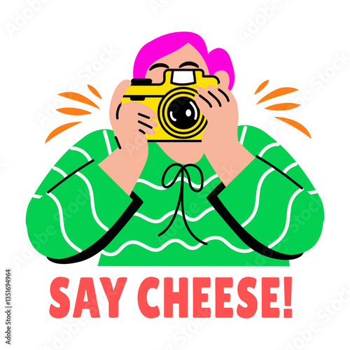 Flat sticker of a camera man with say cheese typography 