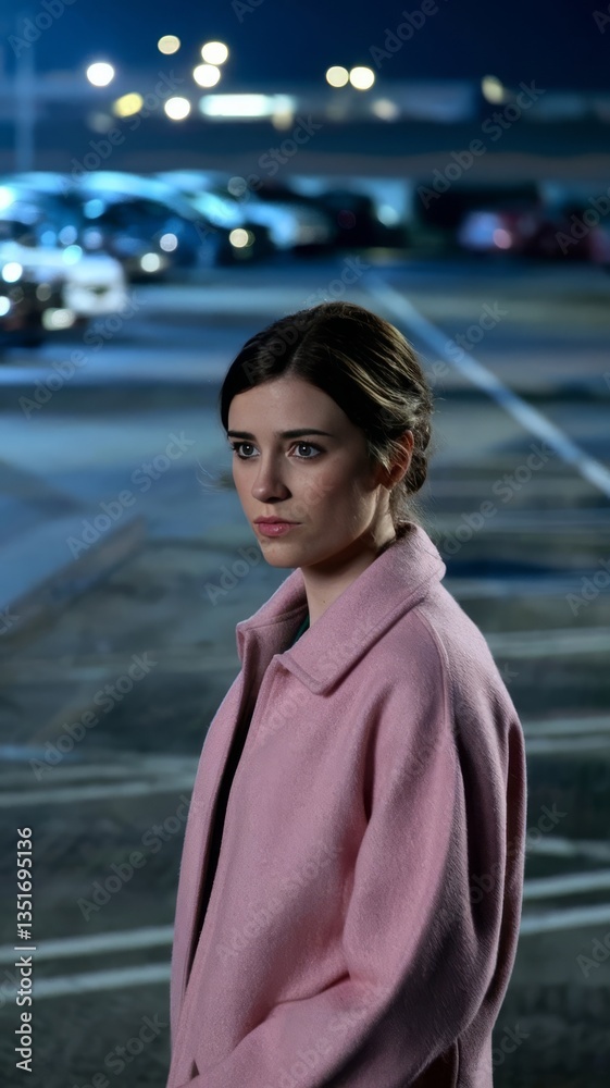 Fototapeta premium Pretty caucasian brunette in a pink wool jacket in an empty car park illuminated