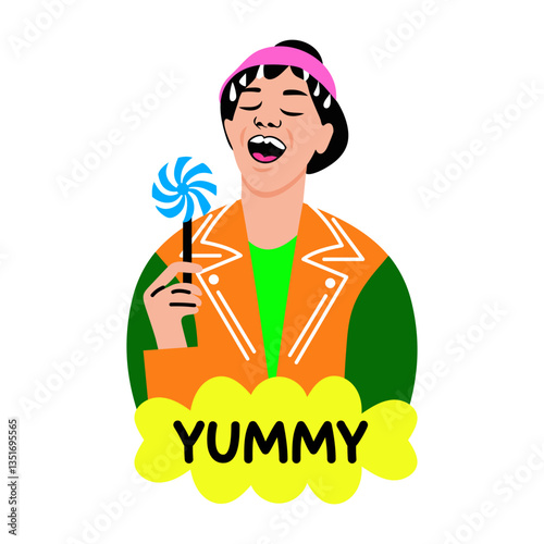 Flat typographic sticker of a character eating a lollipop saying yummy 