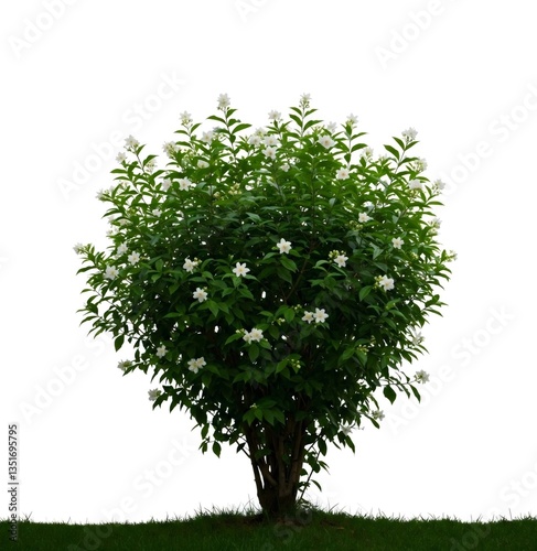 Blooming bush with white flowers on green grass and white background