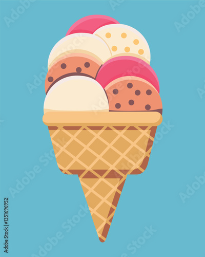 Balls of ice cream in a waffle mug, vector design