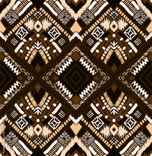 Tribal earth weave pattern. Seamless, ethnic design with geometric patterns in earthy tones. Perfect for fabric, prints, & more.