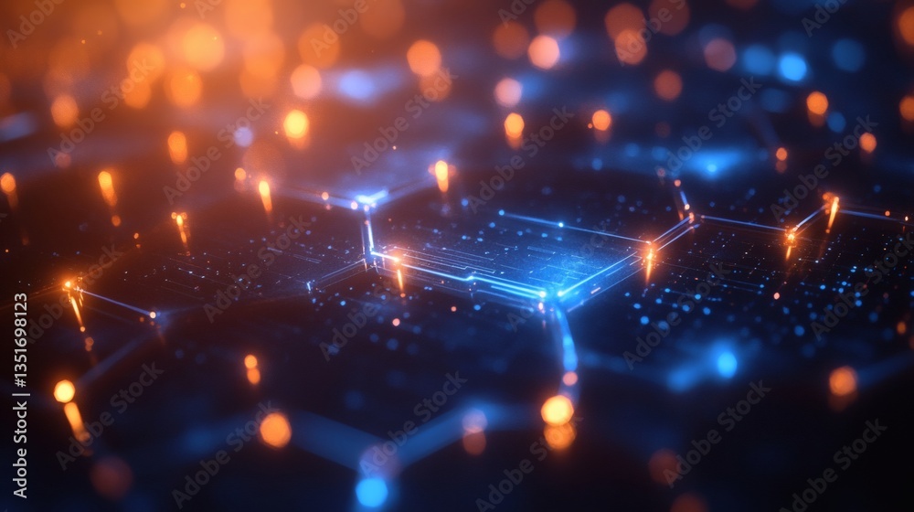 Obraz premium A sleek digital background showcasing bright blue neon circuit traces linking seamlessly over a shadowy gradient field, enriched by translucent hexagonal grids that create a sense of innovation 