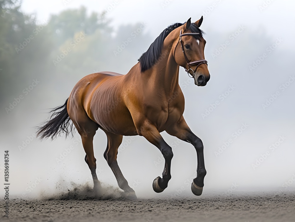 Obraz premium A majestic horse gallops through a dusty landscape, showcasing its strength and grace. The powerful movement contrasts with the calm background, capturing the essence of freedom.