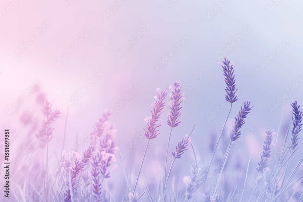Obraz premium A tranquil misty field bathed in soft shades of lavender and pale pink, with tall grasses gently swaying in the breeze