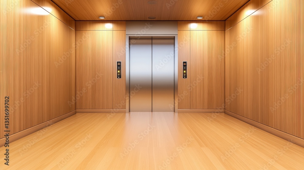 Fototapeta premium A modern elevator interior featuring sleek metal doors and warm wooden panels, creating a clean and inviting atmosphere.