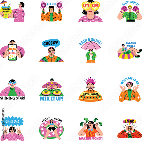 Set of Cool Vibes Flat Style Stickers 

