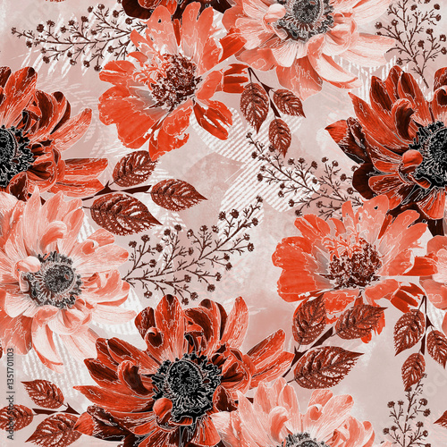 Rust bloom plaid pattern. Seamless, warm-toned floral design with plaid accents. Perfect for fabric, prints, & more.