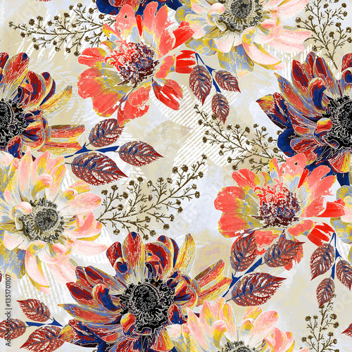 Bloom plaid cascade pattern. Seamless, vibrant floral design with plaid accents. Perfect for fabric, prints, & more.