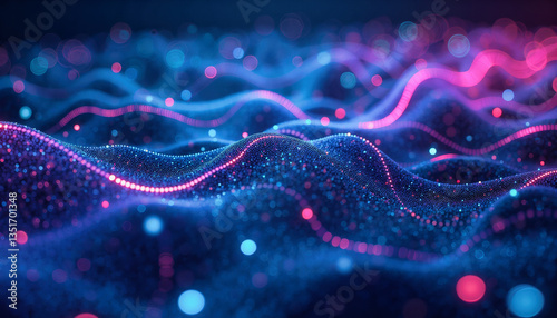 Vibrant blue and pink light trails weave across a textured, undulating surface, creating a dynamic and futuristic digital landscape. Graphical resource for design and downstream advertisement pur photo
