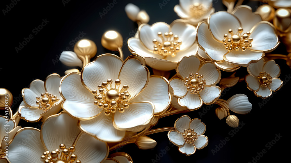 Fototapeta premium Elegant bloom: Floral arrangement of white flower with lustrous golden accents for sophisticated backgrounds