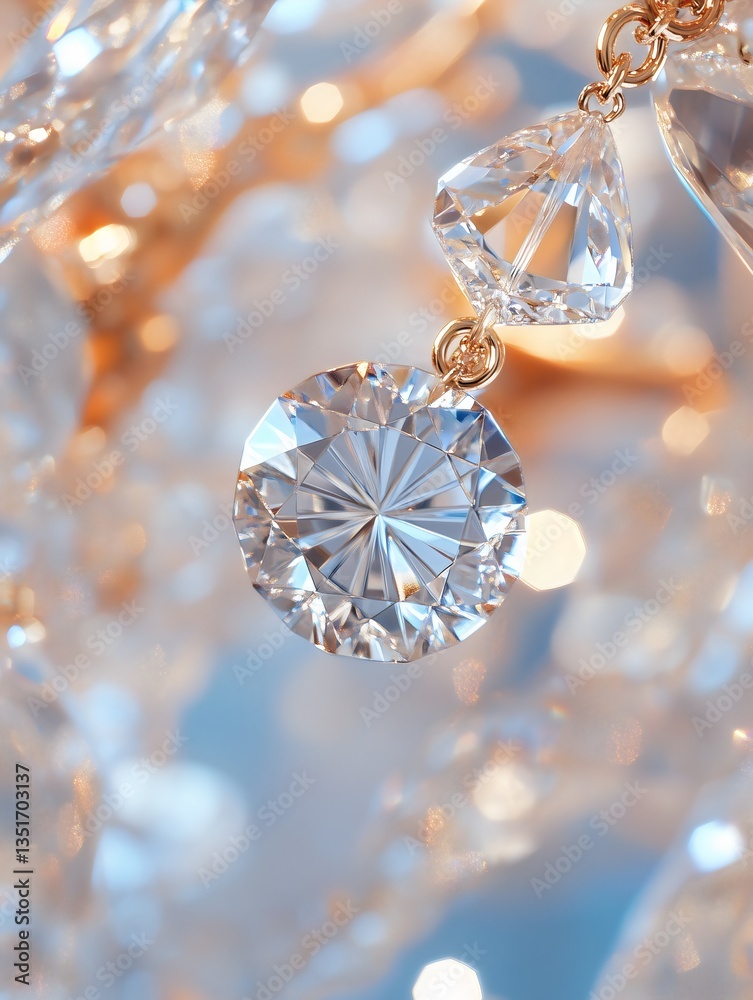 Macro close-up of sparkling crystal chandelier droplets with golden bokeh. Macro close-up of sparkling crystal chandelier droplets with golden bokeh.