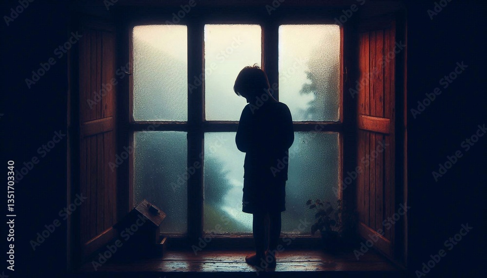 Fototapeta premium Lonely child silhouette in the window, concept of loneliness, sadness, nostalgia