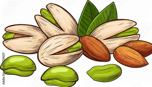 pistachio nuts peeled unpeeled and chopped nuts vegan food ingredients illustration isolated on white background