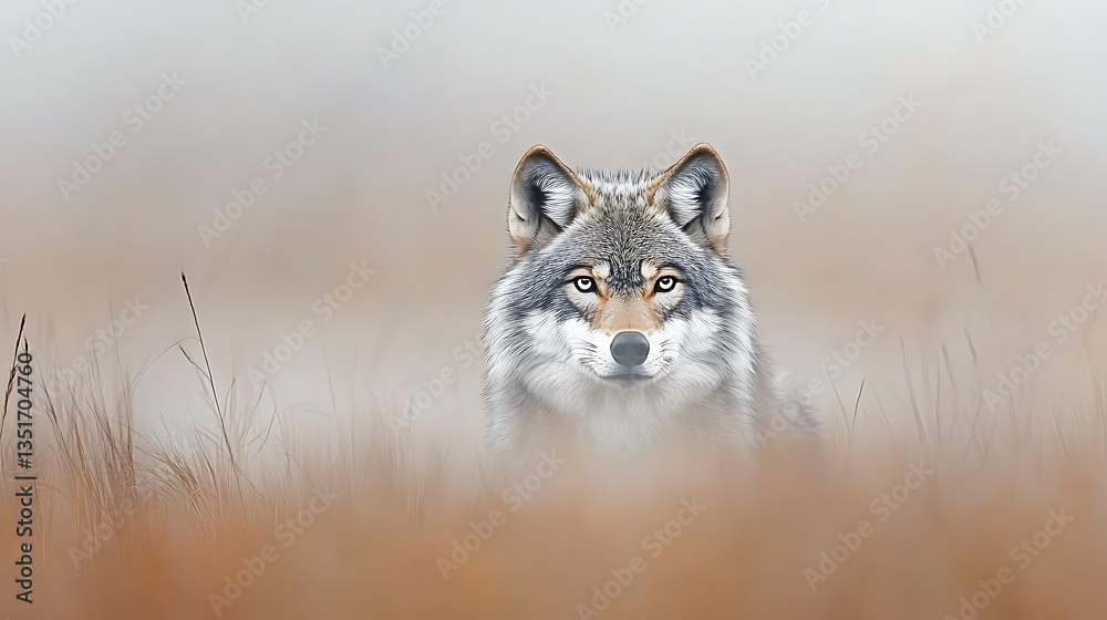 Obraz premium Wolf Stalking in Misty Meadow.