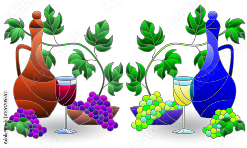 A set of illustrations with still lifes, wine bottles, grapes and fruits isolated on a white background