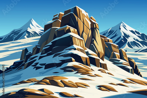 winter landscape with high snowy mountains with rocks and snow cartoon background