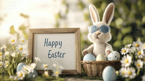 Easter bunny holds a wooden frame with "Happy Easter" on white paper next to a basket of pastel eggs and daisies. Created with generative AI.
