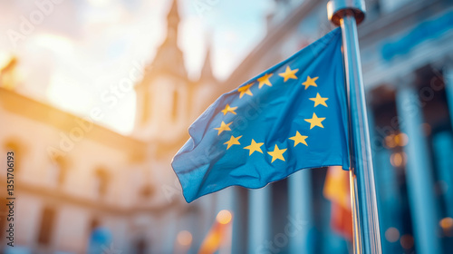 Flag of the European Union against building, concept: solidarity, purpose: informational banner