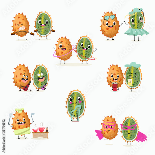 Bael fruit cute funny cheerful characters with different poses and emotions, wood apple whole and sliced. Vector hand drawn illistration.
