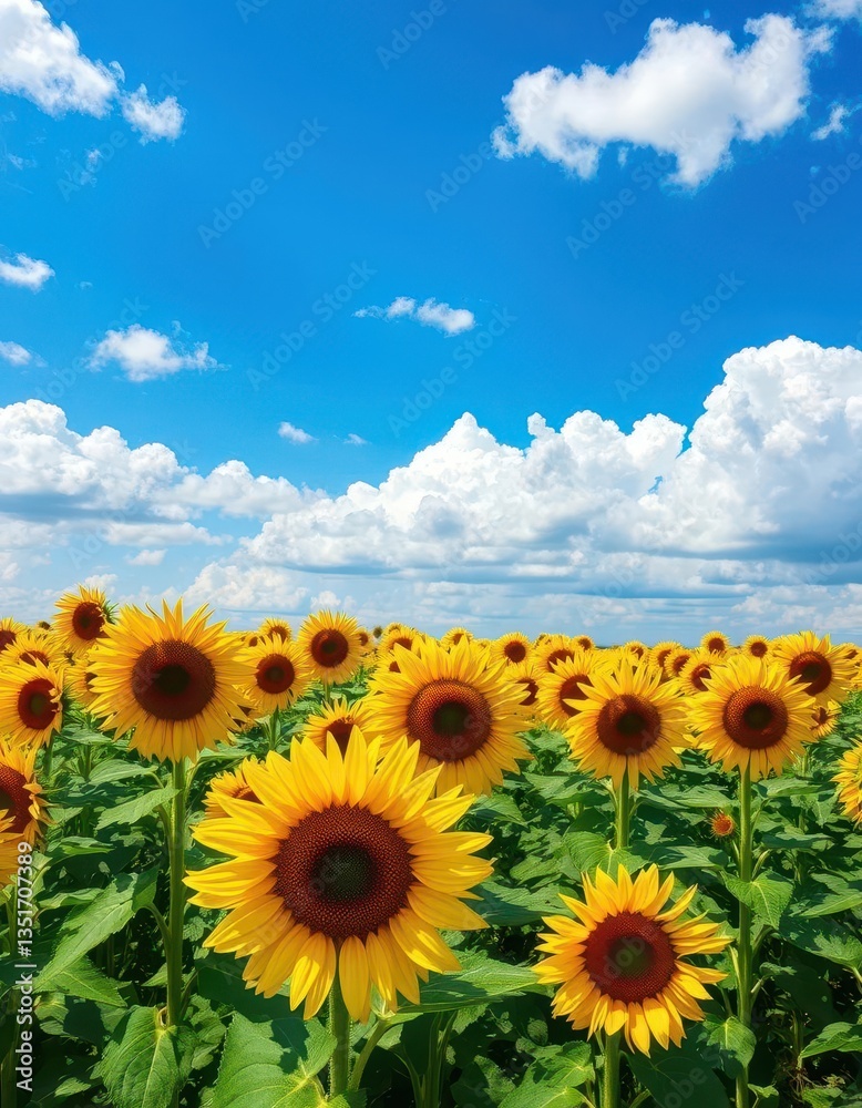Fototapeta premium Vast sunflower field under a brilliant blue sky dotted with fluffy white clouds, environment, tranquility