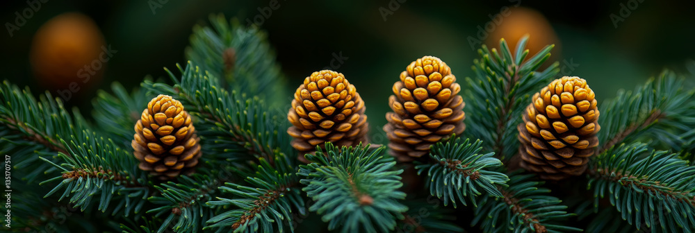 Fototapeta premium Autumn nature: Pine cone cluster amidst evergreen needles.