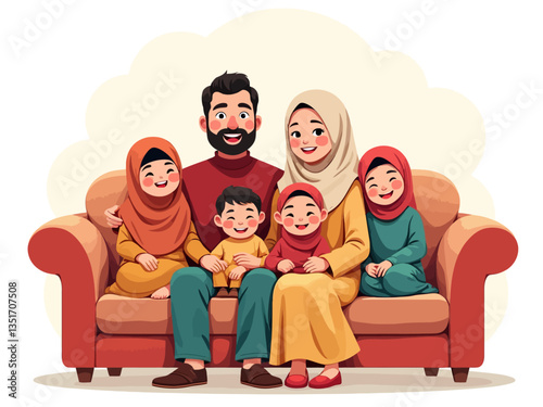 A cartoon family sitting on a sofa, with 4 children, a father, and a mother standing behind the couch wear mouslime costume