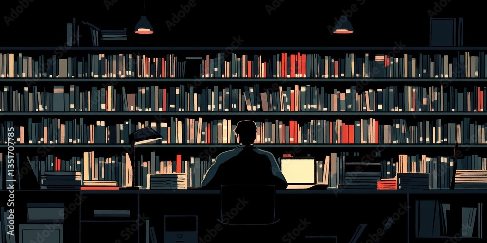 A person working at a desk in a dimly lit library setting A person working at a desk in a dimly lit library setting