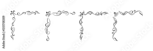 Set of 4 hand drawn elegant corner elements. Editable retro designs for making decorative frames