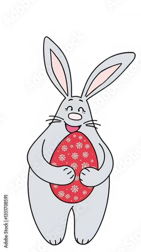 A looping vertical video of the Easter Bunny holding an Easter egg and laughing