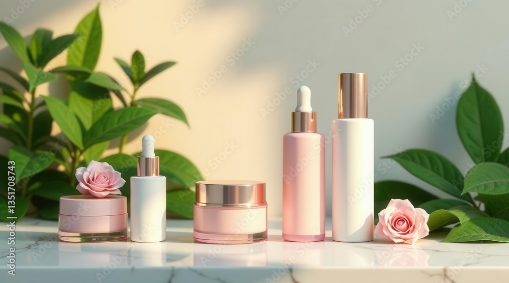 Elegant Skincare Products Displayed with Lush Greenery and Roses on a Marble Surface Elegant Skincare Products Displayed with Lush Greenery and Roses on a Marble Surface